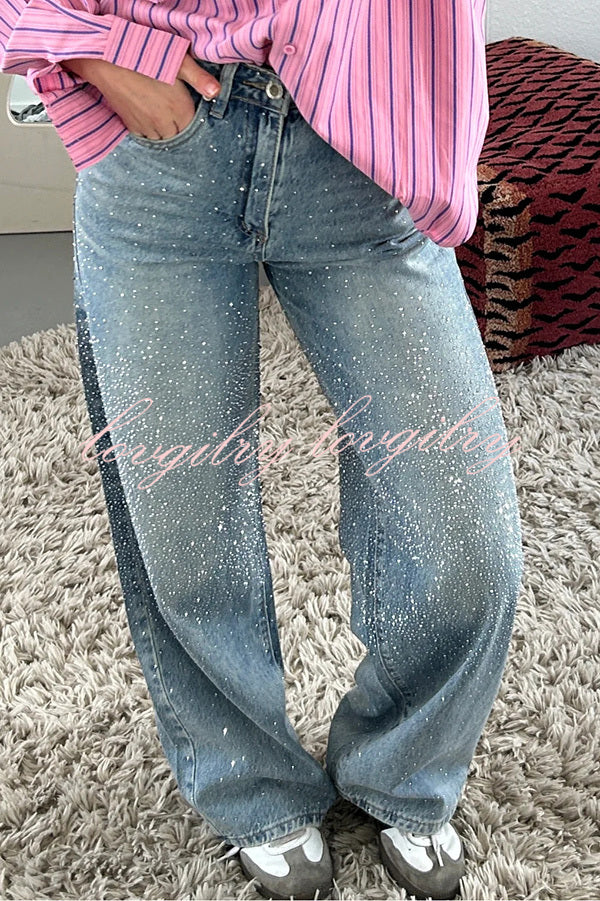 Fashionable Rhinestone Mid-rise Loose Pocket Straight Jeans