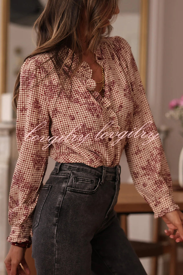 Plant Plaid Printed Long-sleeved Ruffles Casual Shirt