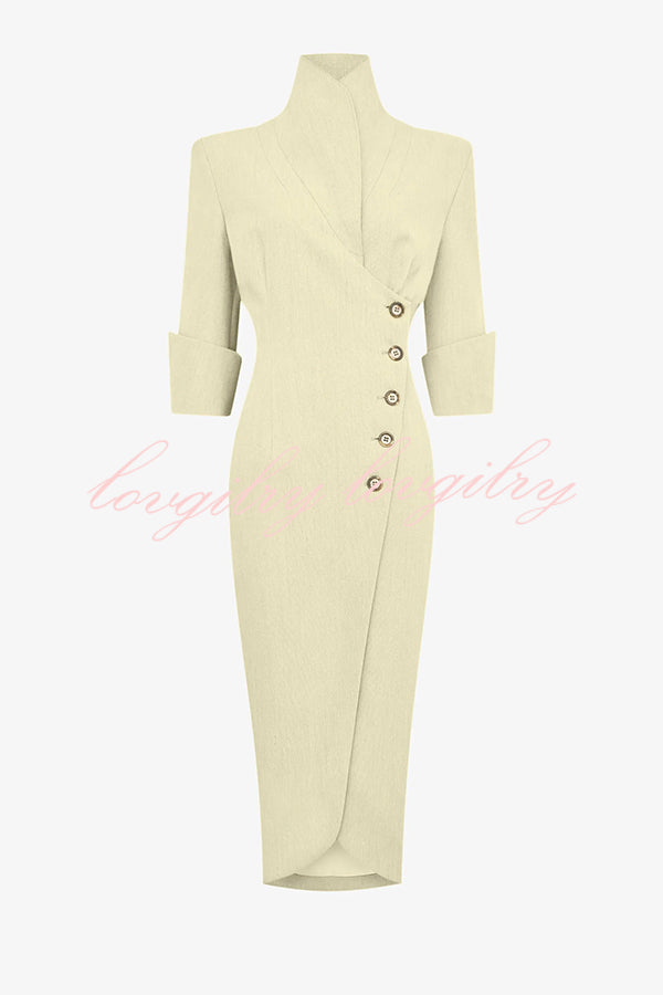 Elegant Look Linen Blend Stand Lapel Neck Half Sleeve Side Button Midi Dress