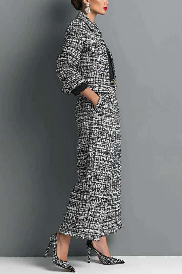 Stylish Long-sleeved Single-breasted Short Jacket and Casual Pocket Wide-leg Pants Sets