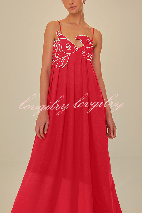 Red Fish Embroidered Sling Backless Maxi Dress