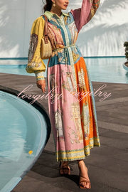 Unique Print Lapel Lantern Sleeve Single Breasted Tie Waist Midi Dress