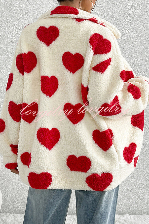 Fashion Plush Heart Print Loose Pocket Long Sleeve Zipper Jacket