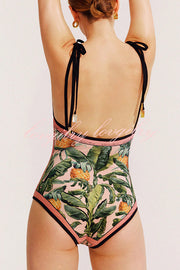 Khloe Vintage Style Floral Color Block Printed Reversible Tie Shoulder Stretch One-piece Swimsuit