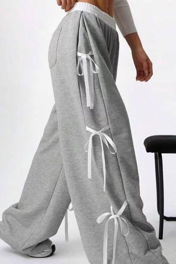 Fashion Elastic Waist Side Bow Casual Straight Wide-leg Pants