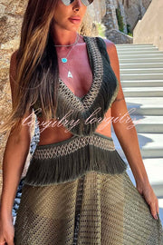 Saralyn Hollow Mesh Tassel Trim Irregular Hem Vacation Maxi Dress