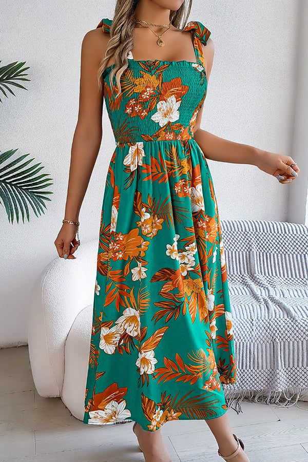 Plant Print Suspenders Pleated Holiday Beach Midi Dress