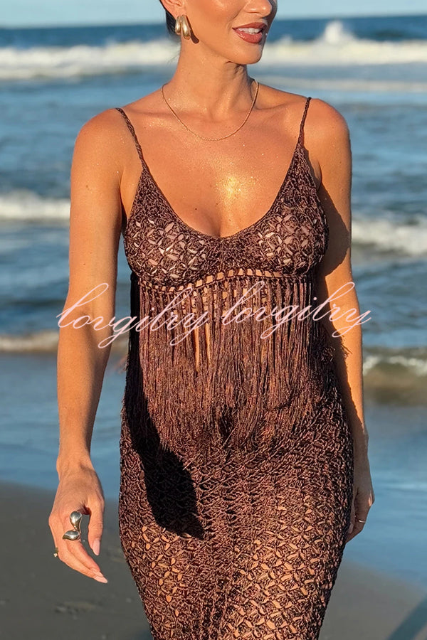 Malia Crochet Knit Hollow Out Tassle Trim Back Tie-up Cover-up Tank