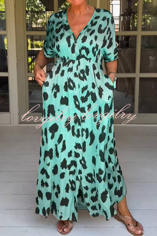 Leopard Print V-neck Pocket Midi Dress