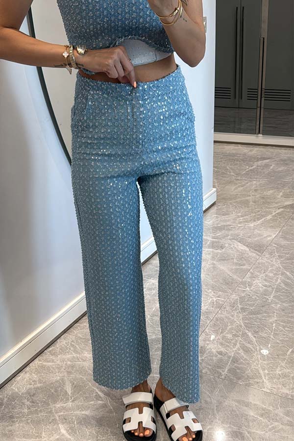 Fashionable Look Denim Sequin Textured High Rise Pocket Straight Jeans