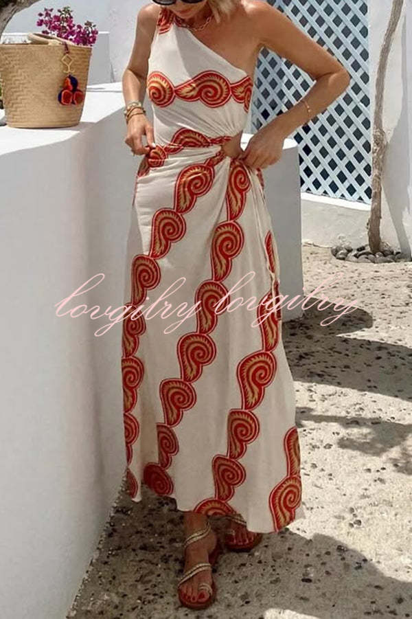 Enjoy A Sunny Linen Blend Shell Print One Shoulder Cutout Waist Tie-up Slit Maxi Dress