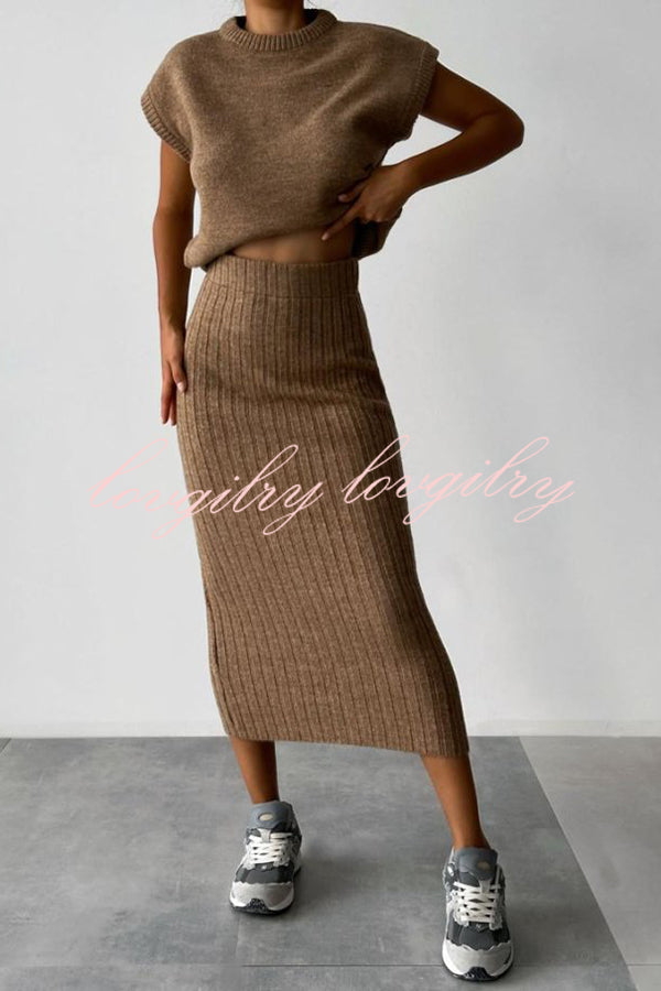 Triko Knit Short Sleeve Sweater and Stretch Ribbed Midi Skirt Set