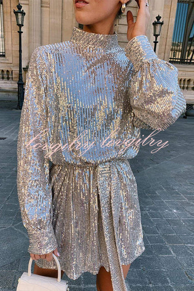 Fashionable Sequined Long-sleeved Belted Casual Mini Dress