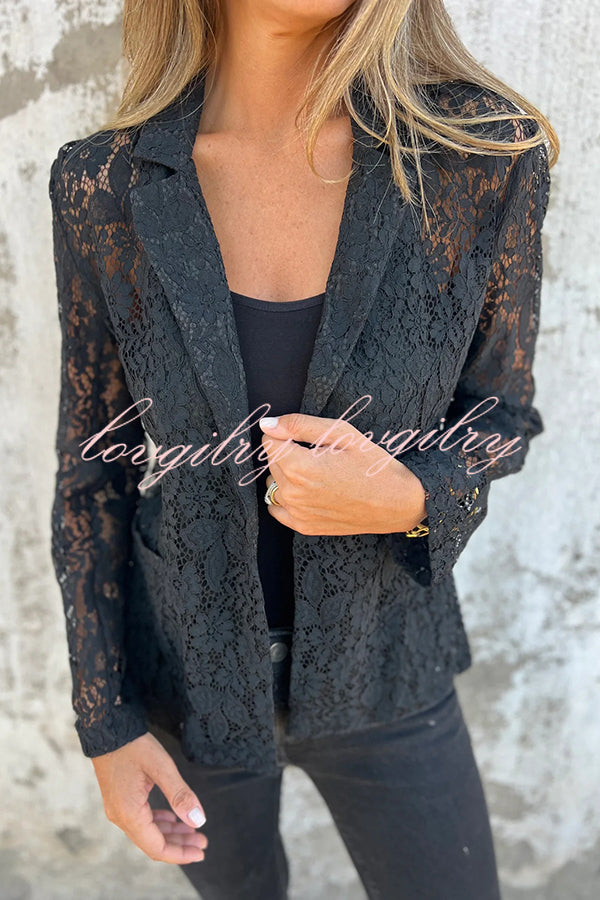 Fashion Lapel Long Sleeve Pocket Elegant Lace Jacket