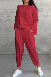 Solid Color Crew Neck Long-sleeved Irregular Loose Top and Elastic Waist Pocket Casual Pants Set