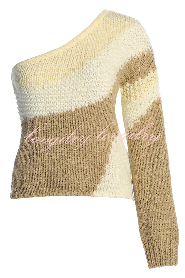 Soft Autumn Knit Colorblock One Shoulder Sleeve Ribbed Trim Loose Sweater