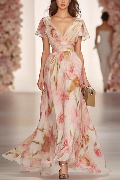 Floral Print V-neck Short-sleeved Waist Casual Maxi Dress