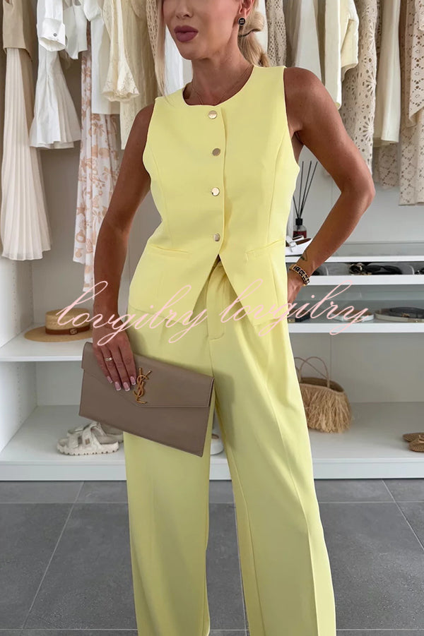Workplace Chic Sleeveless Button Vest and Relaxed Pocket Wide Leg Pants Set