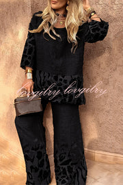 Leopard Print Crew Neck Loose Top and Elastic Waist Casual Wide-leg Pants Set
