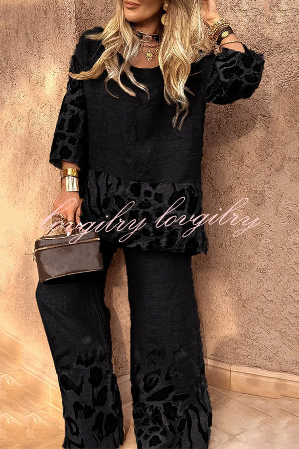 Leopard Print Crew Neck Loose Top and Elastic Waist Casual Wide-leg Pants Set