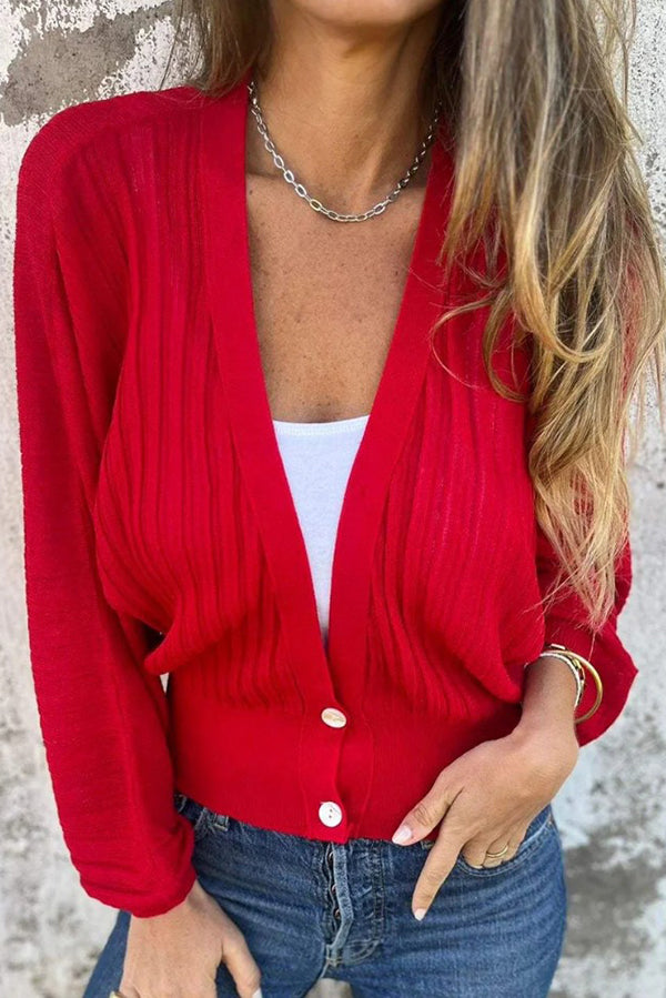 Solid Color Loose V-neck Long-sleeved Casual Knitted Sweater