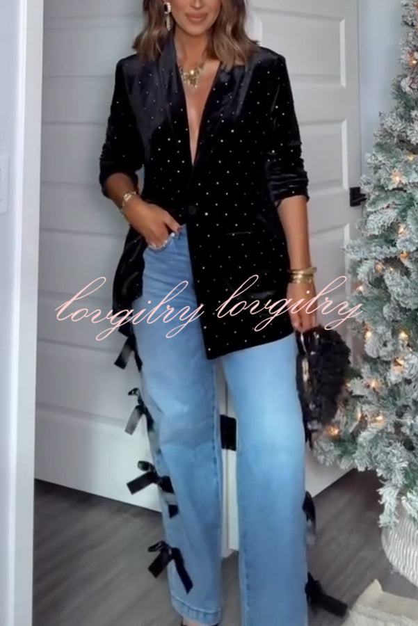 Runway Muse Denim High Rise Bow Trim Pocketed Wide Leg Jeans