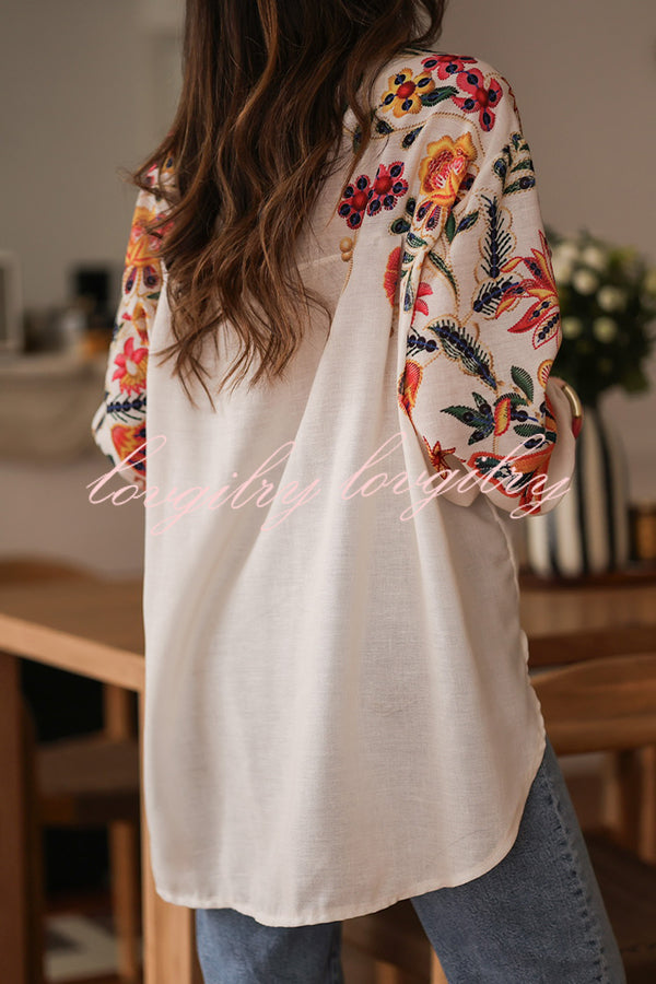 Botanical Print Loose Lapel Long Sleeve Casual Shirt