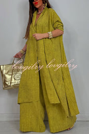 Solid Color Casual Loose Long Shirt and Elastic Waist Pocket Wide Leg Pants Set