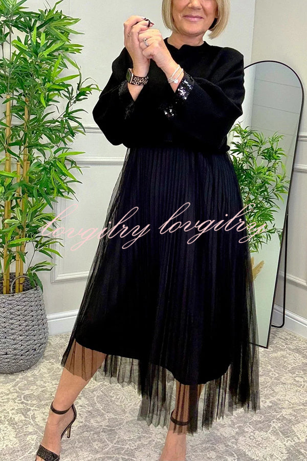 Fenna Ribbed Sequin Trim Batwing Sleeve Sweater and Pleated Tulle Stretch Tank Midi Dress Two-piece Set