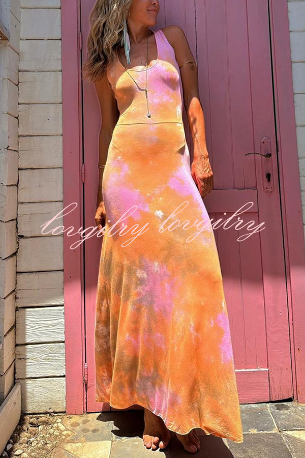 Summer Adventures Tie-dye Print Back Lace-up Stretch Maxi Dress