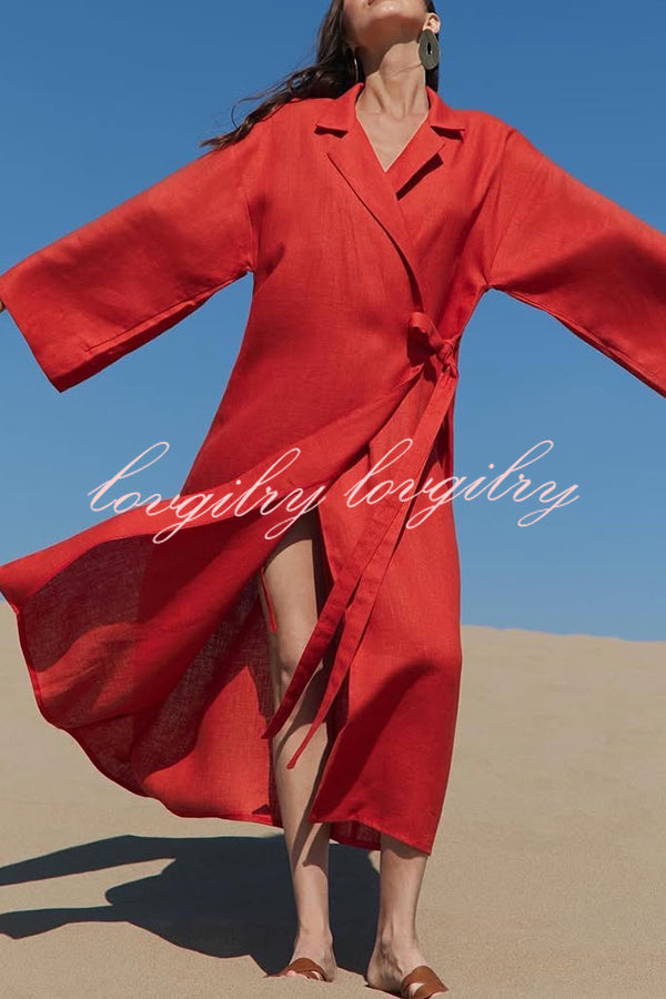 Linen Blend Solid Color Casual Lapel Tie Loose Maxi Dress