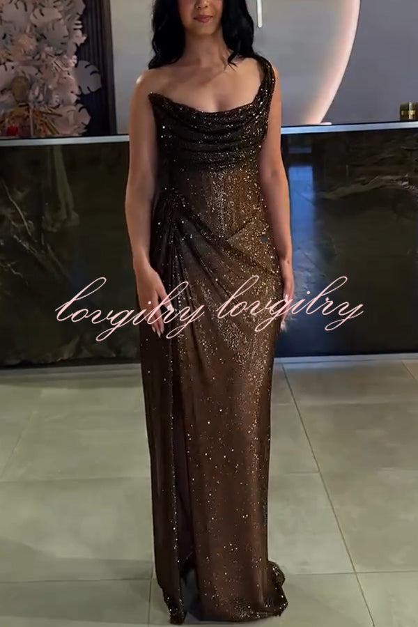 Glitzy Gala Glitter Fabric One Shoulder Ruched Slit Maxi Dress