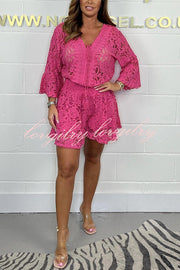 Emilee Lace Tie Neck Bell Sleeve Top and Elastic Waist Loose Shorts Set