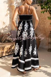 Unique Ethnic Print Suspender Pleated Top and Elastic Waist Loose Wide-leg Pants Set