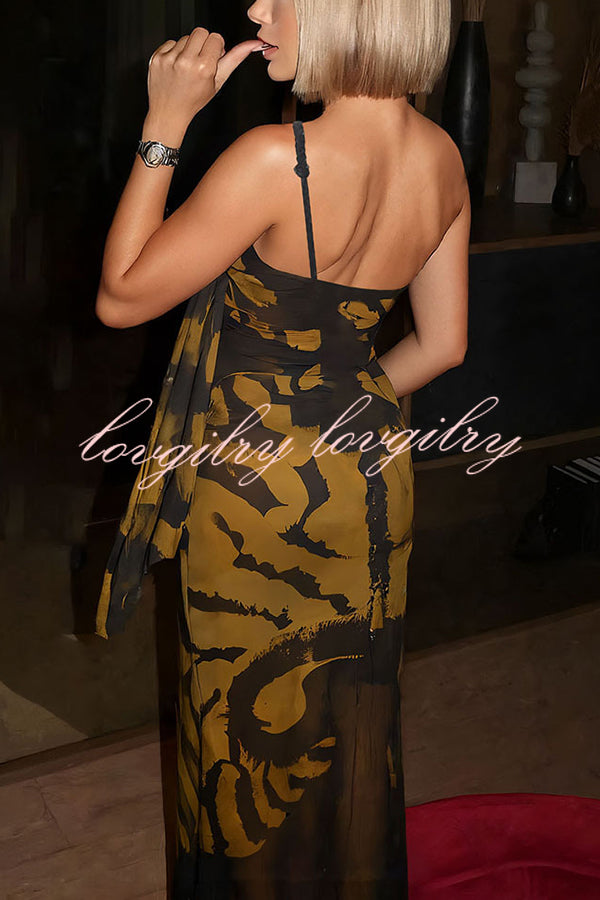 Unique Print Sexy One Shoulder Slim High Slit Maxi Dress