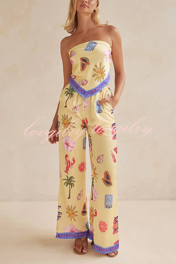 Linen Blend Unique Printed Bandeau Top and Elastic Waist Pocket Pants Set