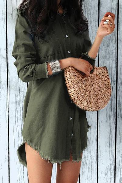 Frayed Denim Buttons Shirt Dress