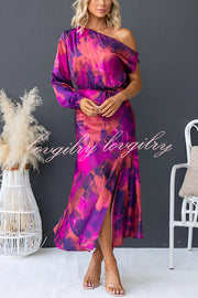 Winona Satin Floral Print One Shoulder Balloon Sleeve Tie-up Maxi Dress