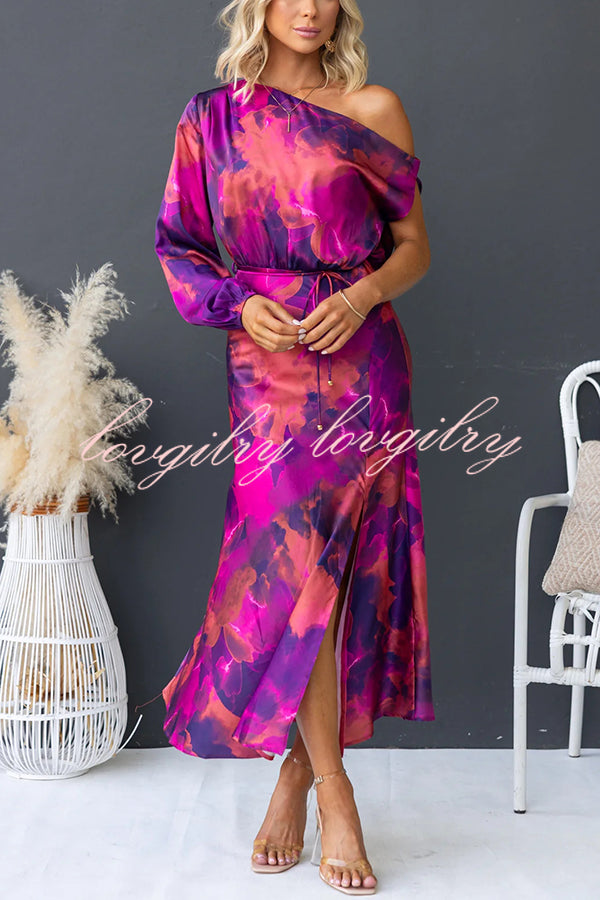 Winona Satin Floral Print One Shoulder Balloon Sleeve Tie-up Maxi Dress
