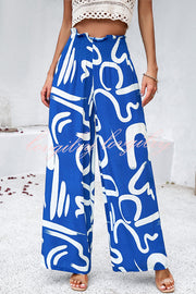 Uniquely Printed Ruffled Elastic Waist Pocket Pleated Wide Leg Pants