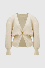 Only Yours Knit Metal Leaf Shape Button Lantern Sleeve Relaxed Cardigan