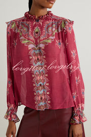 Unique Printed Chiffon Long-sleeved Loose Shirt and Elegant Ruffled Maxi Skirt Set