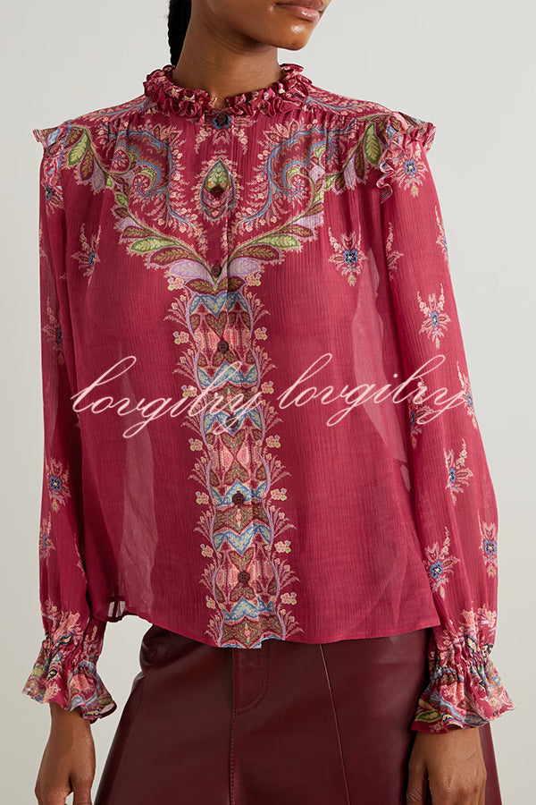 Unique Printed Chiffon Long-sleeved Loose Shirt and Elegant Ruffled Maxi Skirt Set