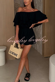 Solid Color Off-shoulder Ruffled Casual Waist Rompers