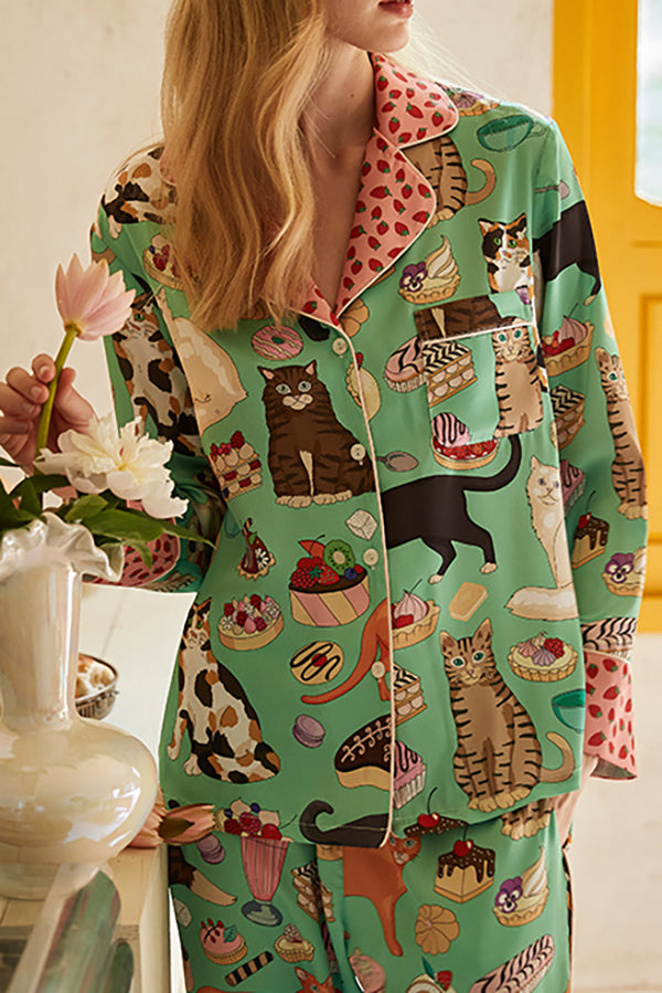 Coffee Cat Print Home Long Sleeve Two Piece Set