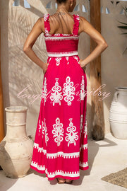 National Boho Style Unique Print Smocked Bust Wide Strap Pocket Maxi Dress