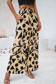 Uniquely Printed Ruffled Elastic Waist Pocket Pleated Wide Leg Pants