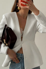 Solid Color Long-sleeved V-neck Button Casual Blazer