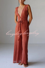 Resort Style V-neck Tie Pleated Casual Jumpsuit