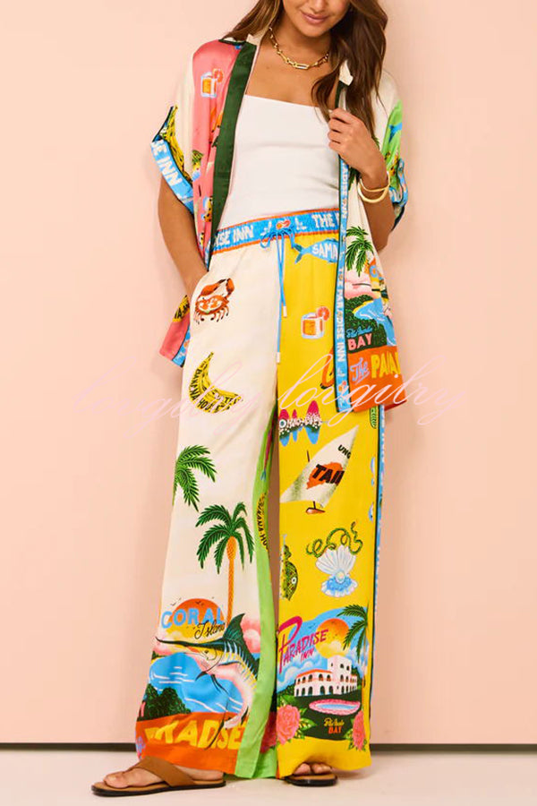 Kissed By The Sun Satin Unique Print Colorblock Elastic Waist Pocketed Wide Leg Pants